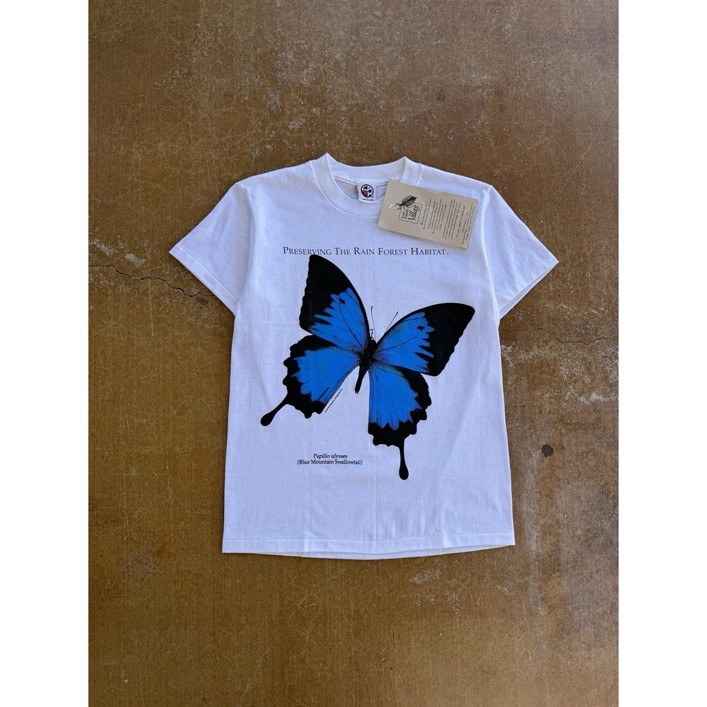 VTG 90s Preserve The Rainforest Habitat Village Butterfly Art T-Shirt Kids 14 Y